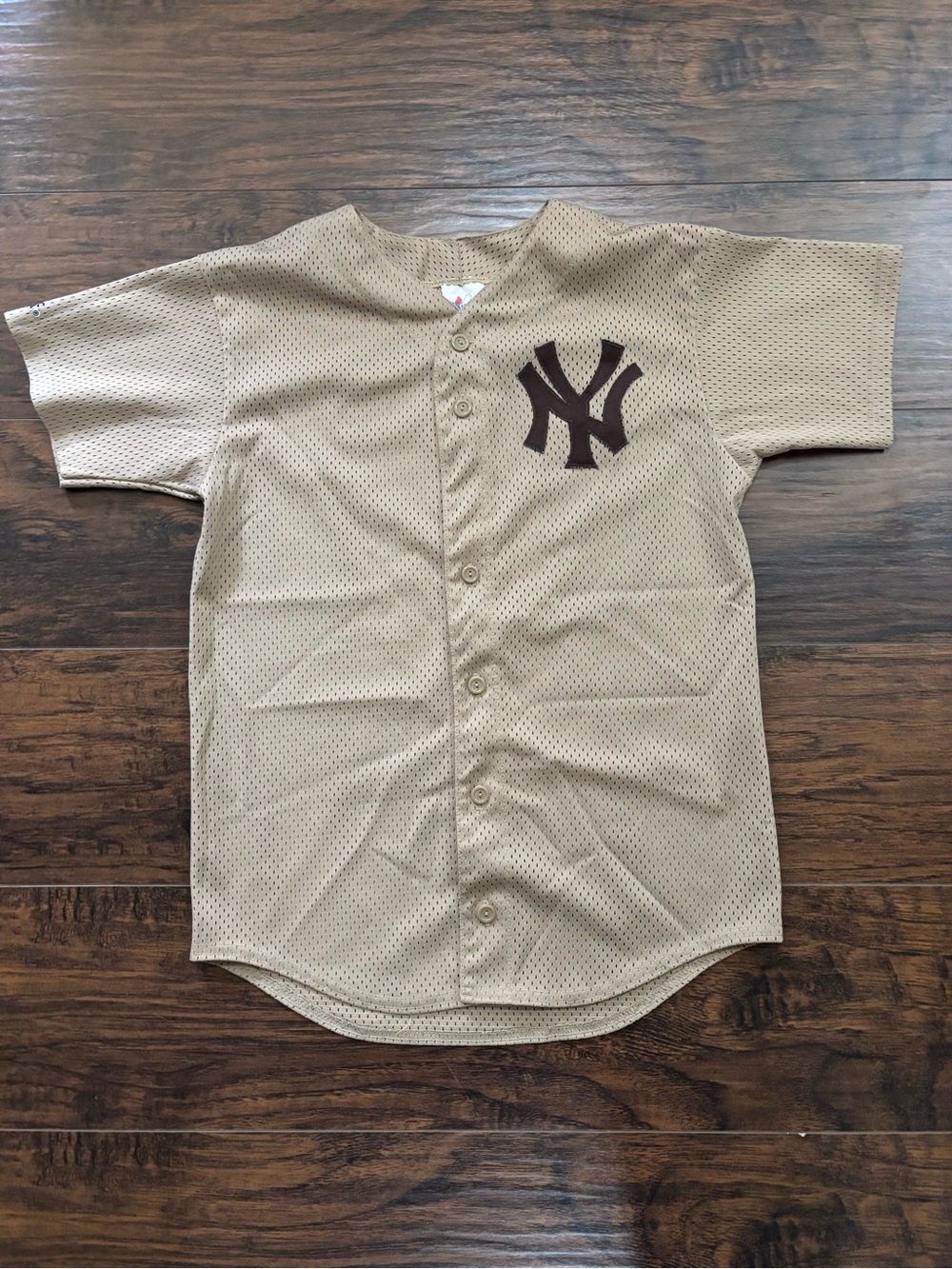 Majestic Beige Kids Button-Front Baseball Jersey with Dark Brown Logo